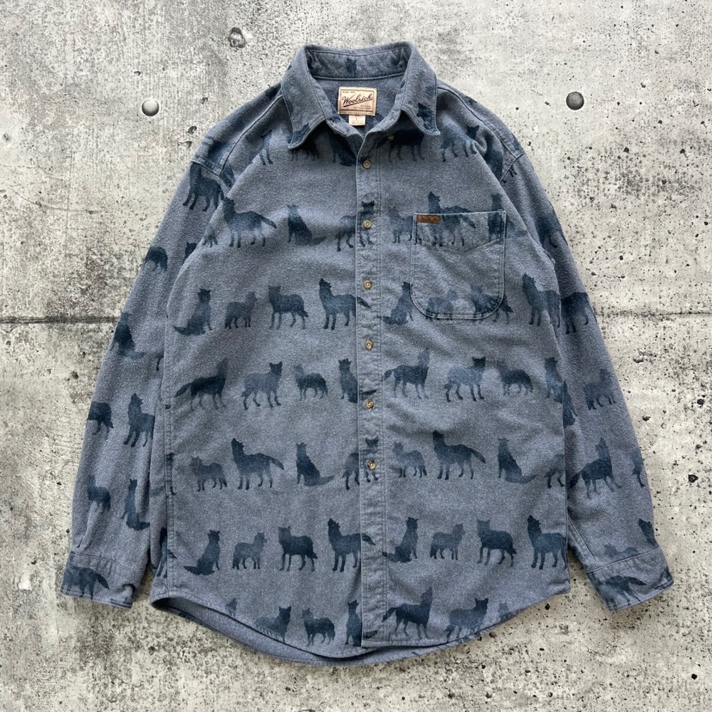 Vintage Woolrich Shirt Mens Large Blue Wolf Flannel Cotton Button Down 90s